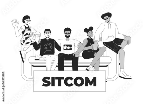 Sitcom TV series black and white 2D illustration concept. Situation comedy. Diverse group friends sitting on couch outline characters isolated. Together sofa. Broadcast metaphor monochrome vector art