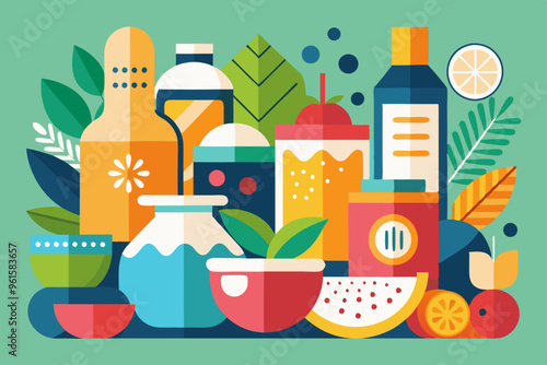 A variety of vibrant food and drinks set on a lush green background