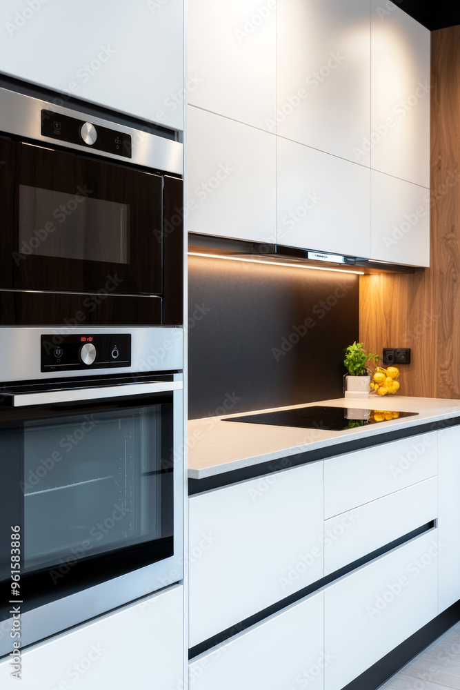 Fototapeta premium A modern smart kitchen setup with digital touchscreens controlling appliances