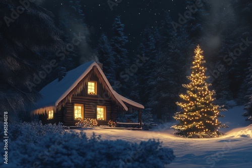 A picturesque nighttime scene of a cozy Christmas village,