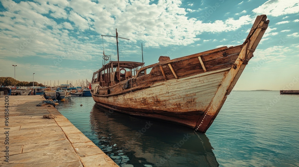 An old dhow boat docked at a harbor, a symbol of the maritime history of pearl diving and transportation in the Arabic world. An old dhow boat docked at a harbor, a symbol of the maritime history of pearl diving and transportation in the Arabic world.