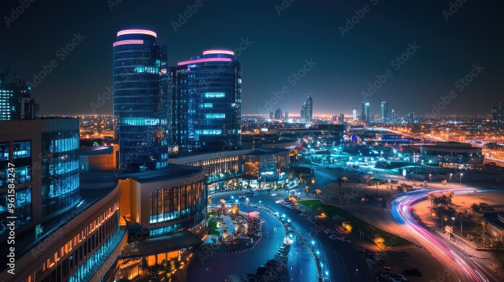 Obraz premium Beautiful night view of Festival City in Dubai, highlighting the Hotel Crowne Plaza and Hotel Intercontinental, with vibrant city lights.