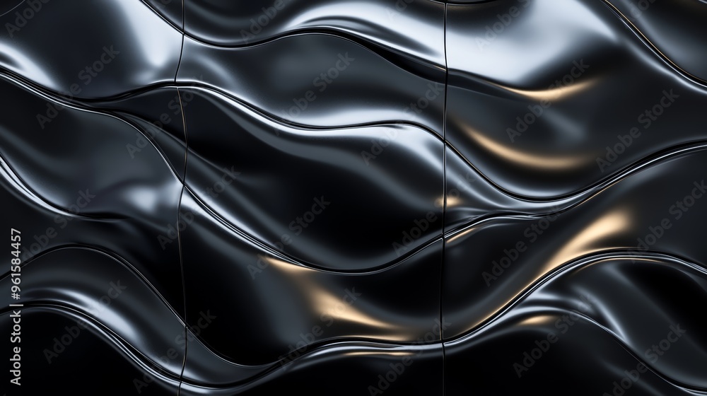 Fototapeta premium Abstract Black Wavy Surface Geometric Pattern Glossy Texture Dark Background