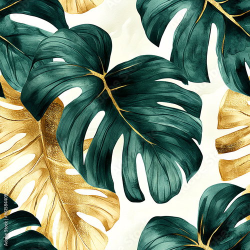Fototapeta Naklejka Na Ścianę i Meble -  A seamless tropical pattern featuring vibrant green monstera leaves with luxurious gold accents, ideal for botanical and modern design projects.