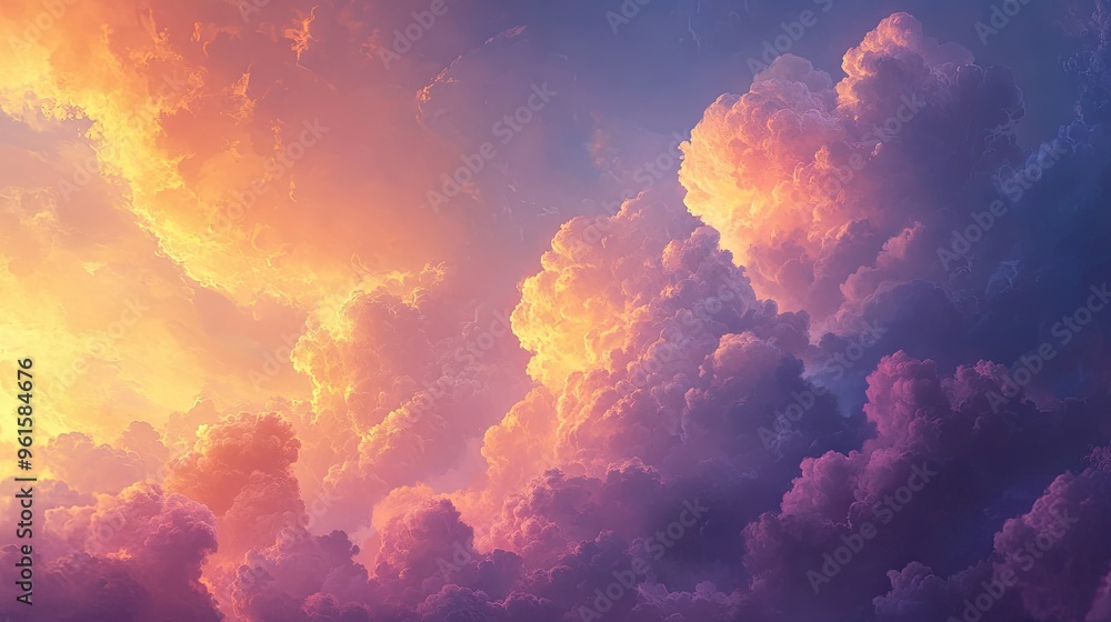 Bright and colorful sky at sunrise, with towering cumulonimbus clouds steaming as they catch the sun first rays. Bright and colorful sky at sunrise, with towering cumulonimbus clouds steaming as they catch the sun first rays.