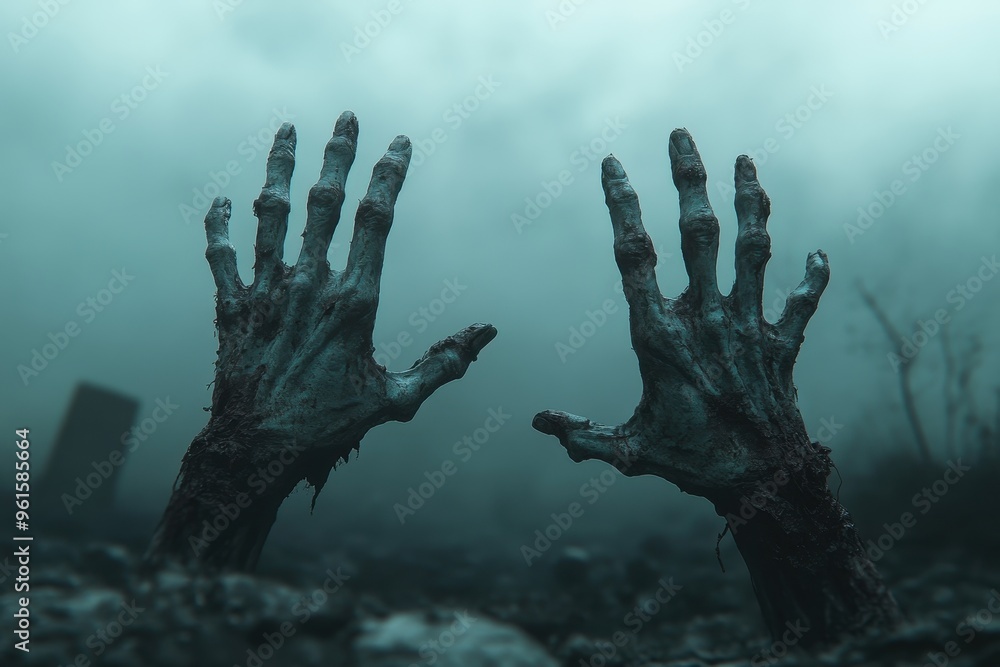 Two Decaying Hands Reaching Up From the Ground in a Foggy Cemetery Two Decaying Hands Reaching Up From the Ground in a Foggy Cemetery