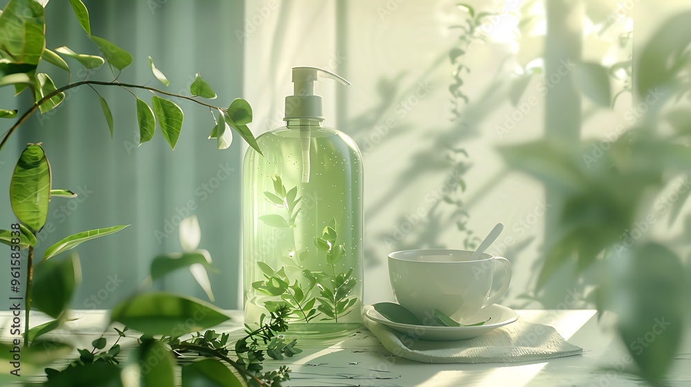A container of green tea body wash placed on a table with green tea leaves and a cup of tea A container of green tea body wash placed on a table with green tea leaves and a cup of tea