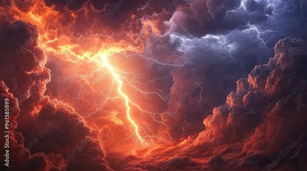 Cloud-to-ground lightning bolt flashing through the sky and striking the earth, creating a dramatic and intense visual effect against the dark clouds. Cloud-to-ground lightning bolt flashing through the sky and striking the earth, creating a dramatic and intense visual effect against the dark clouds.
