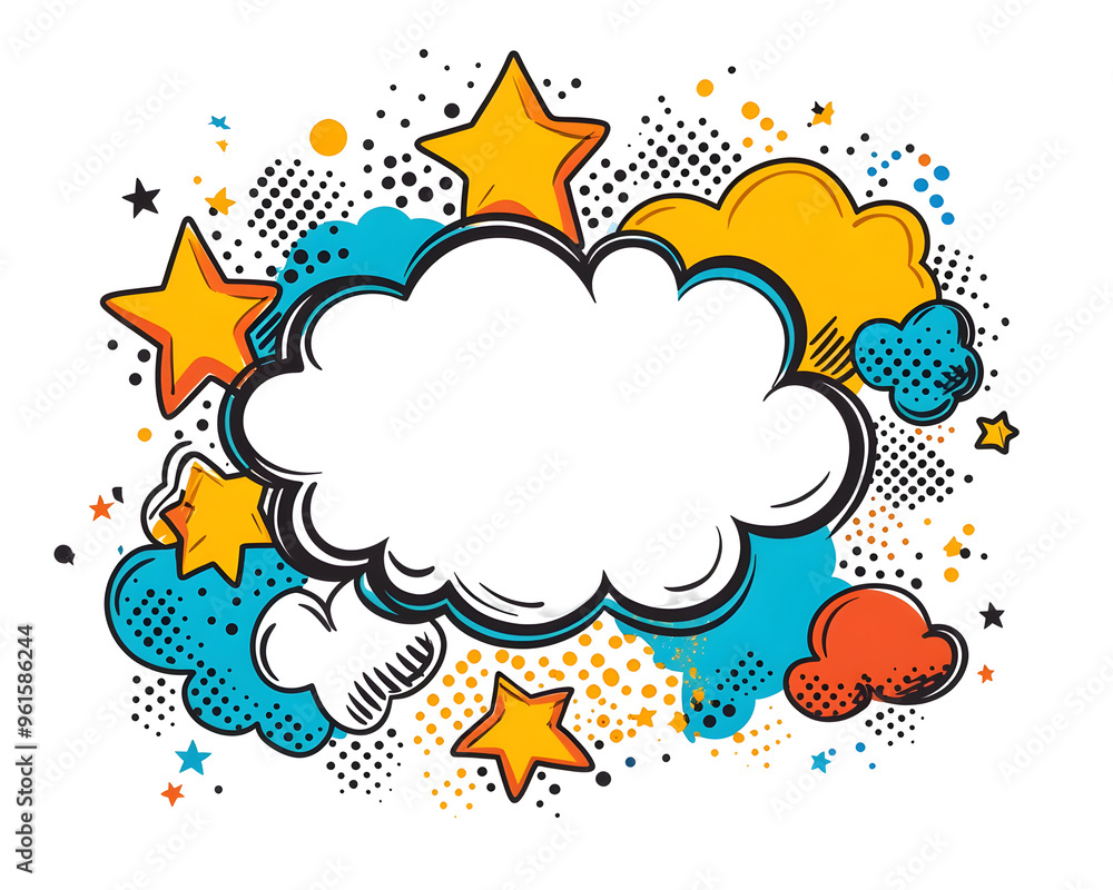 Comic Empty Speech Bubble with Space for Text, Surrounded by Dots, Stars, and Clouds, Isolated on a Transparent PNG Background Comic Empty Speech Bubble with Space for Text, Surrounded by Dots, Stars, and Clouds, Isolated on a Transparent PNG Background