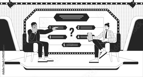 Quiz show on TV black and white line illustration. Host suggesting multiple choice questions to contestant 2D characters monochrome background. Trivia show game television outline vector image