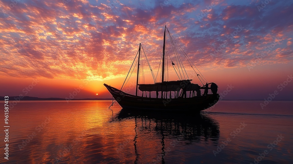 Dhow boat at sunset, its silhouette against the colorful sky, embodying the enduring legacy of Arabic maritime history. Dhow boat at sunset, its silhouette against the colorful sky, embodying the enduring legacy of Arabic maritime history.