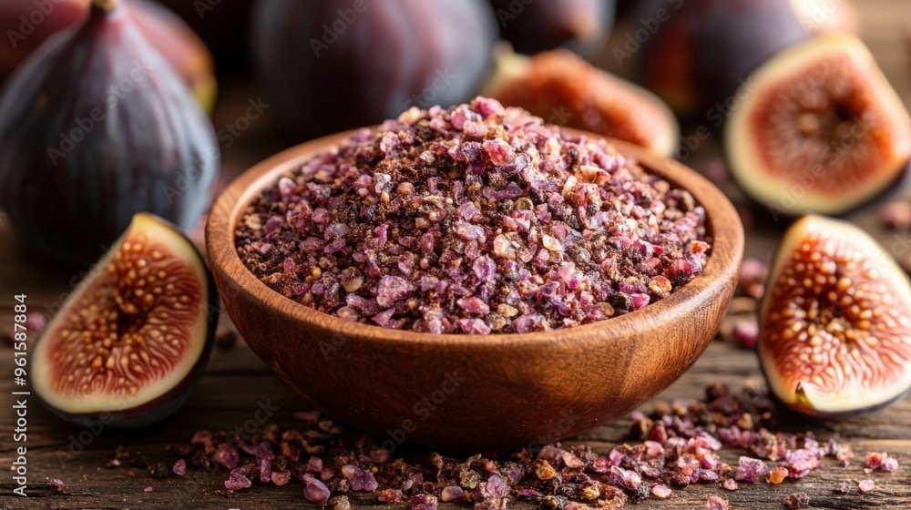 A rustic bowl brimming with fig spice sits amid fresh figs on a wooden surface