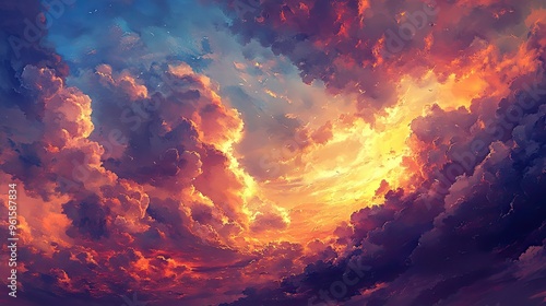 Dramatic cloudscape with a glowing sunset, where the sun's last light sets the horizon ablaze.