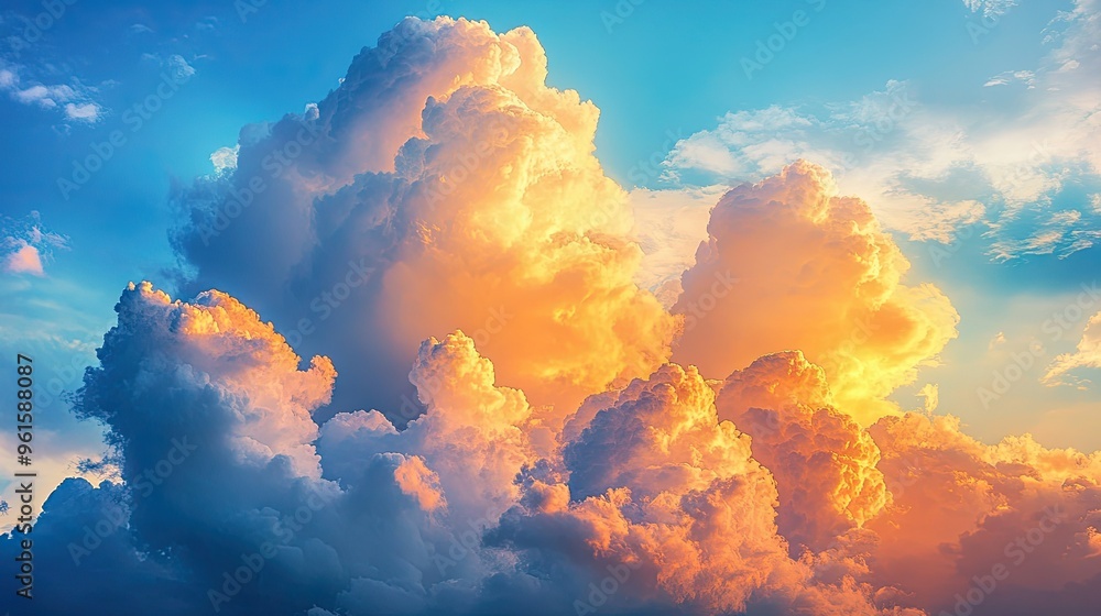 Dramatic cumulonimbus clouds reflecting the golden hues of sunrise, filling the sky with color. Dramatic cumulonimbus clouds reflecting the golden hues of sunrise, filling the sky with color.