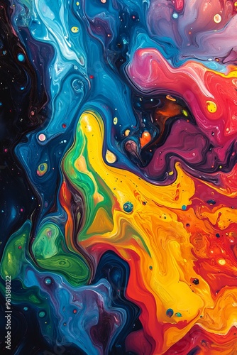 Colorful abstract painting resembling cosmic elements in vibrant hues