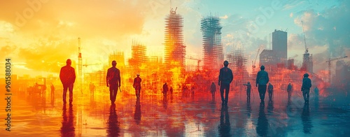 Digital illustration of construction professionals silhouetted against a vibrant sunset, ideal for business in architecture and engineering, with copy space.