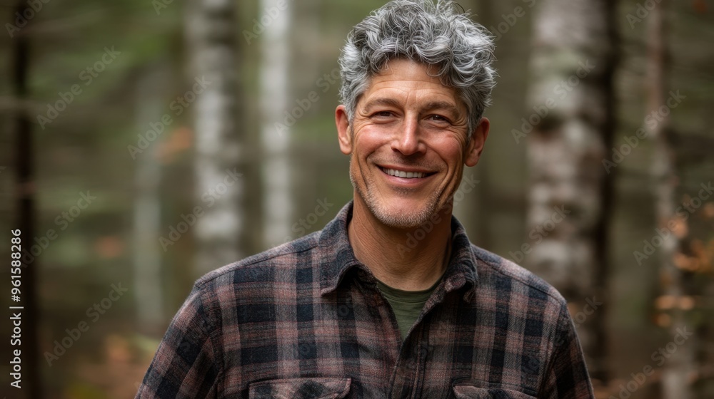 Smiling Mature Man with Gray Hair Outdoors in Nature Smiling Mature Man with Gray Hair Outdoors in Nature