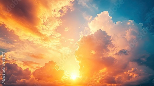 Dramatic sunrise with colorful clouds, as the morning sun casts its golden rays on towering cumulonimbus formations.