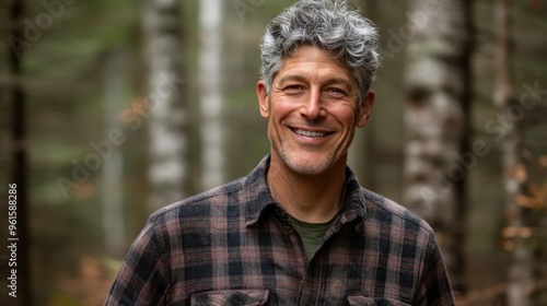 Smiling Mature Man with Gray Hair Outdoors in Nature