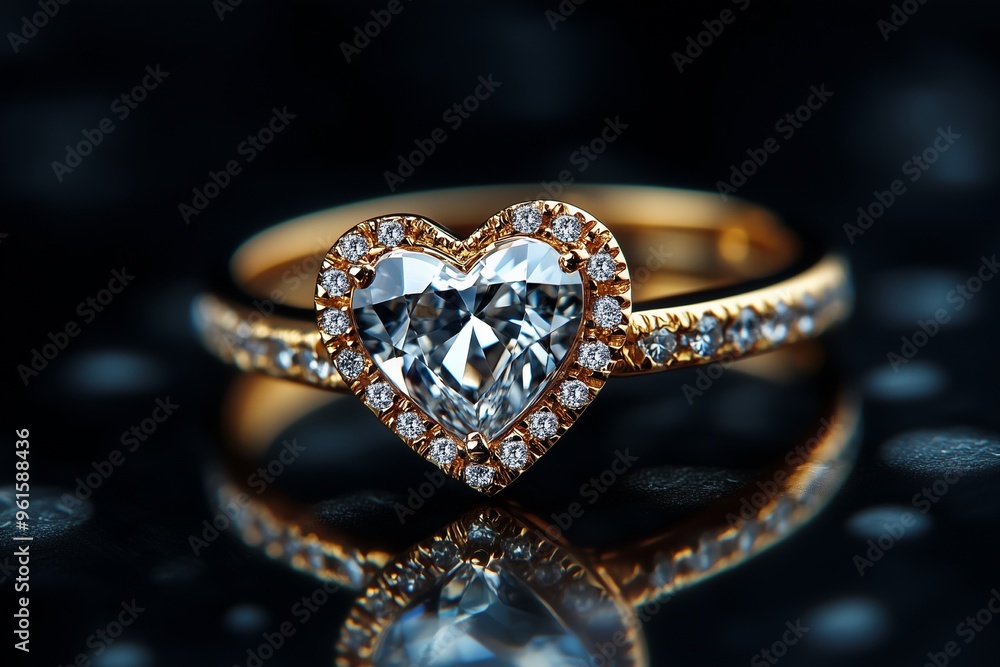 diamond ring placed on shiny black glass surface. Heart shape diamond ring design diamond ring placed on shiny black glass surface. Heart shape diamond ring design