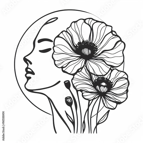 Abstract floral female profile with poppies, trendy minimal poster, isolated on white, black and white only - no frame, canva, colors, signature photo