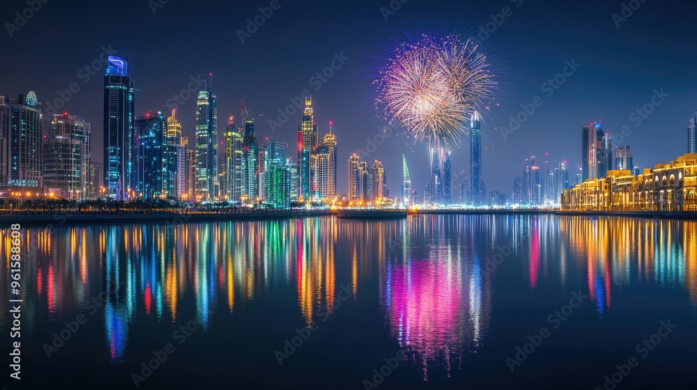 Dubai National Day fireworks over Festival City, a vibrant display reflected on the water, creating a picturesque celebration scene. Dubai National Day fireworks over Festival City, a vibrant display reflected on the water, creating a picturesque celebration scene.