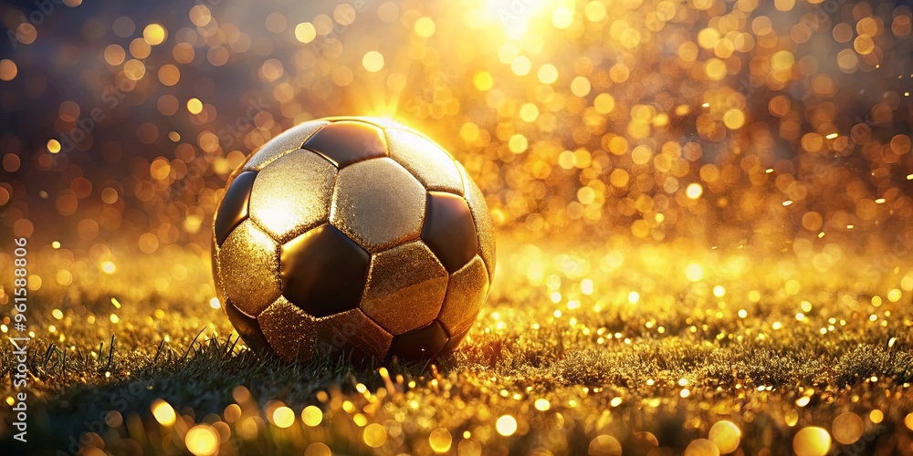 Fototapeta premium Golden soccer ball with shimmering bokeh background and dewdrops glistening in the warm light of sunset