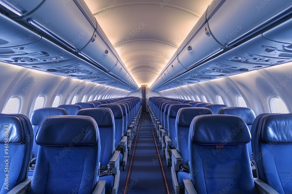 Fototapeta premium Empty Blue Seats in Airplane Cabin
