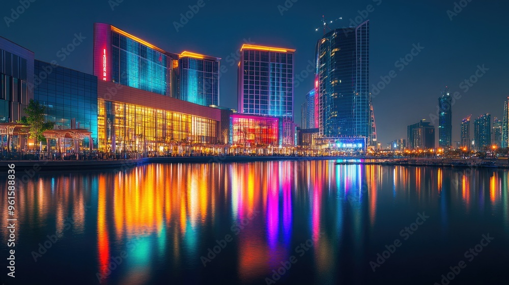 Naklejka premium Dubai Festival City at night, featuring the brightly lit Hotel Crowne Plaza and Hotel Intercontinental with their reflections in the water.