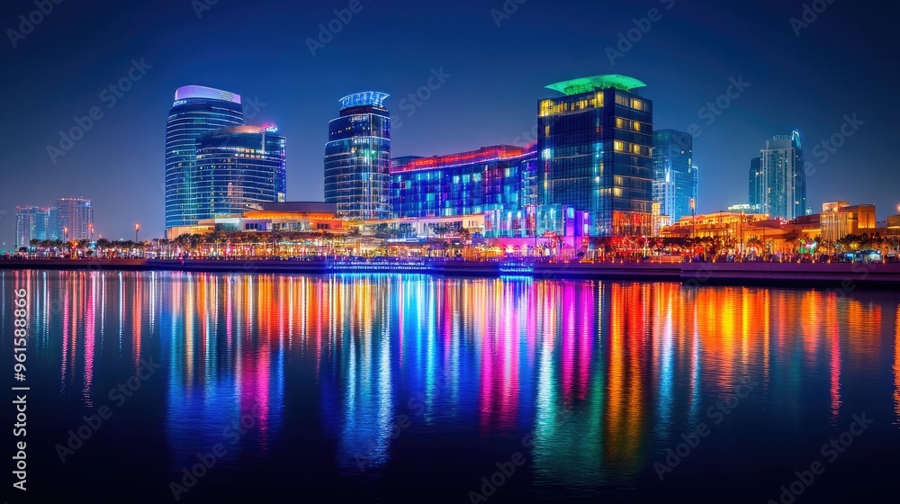 Fototapeta premium Dubai Festival City at night, featuring the brightly lit Hotel Crowne Plaza and Hotel Intercontinental with their reflections in the water.