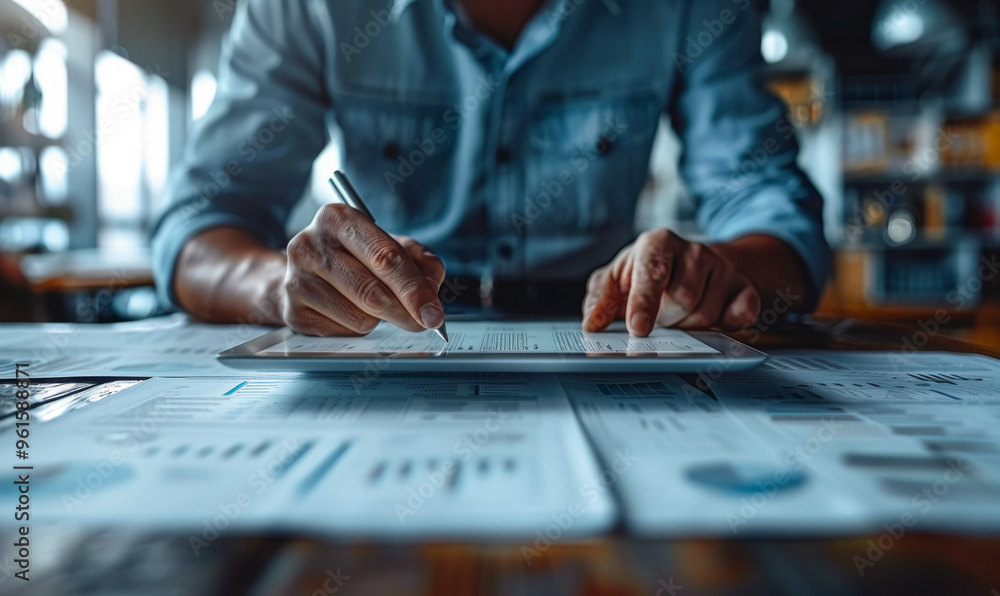 Fototapeta premium Middle-aged businessman reviewing digital contract on tablet, proofing e-document before e-signing via mobile app, project planning on tablet PC