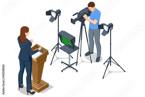 Isometric TV studio. Politician Addresses an Election Campaign Rally. Expert Talk Politics, Science, News, Entertainment. Show production maker.