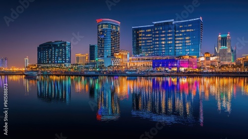 Dubai Festival City at night, featuring the brightly lit Hotel Crowne Plaza and Hotel Intercontinental with their reflections in the water.