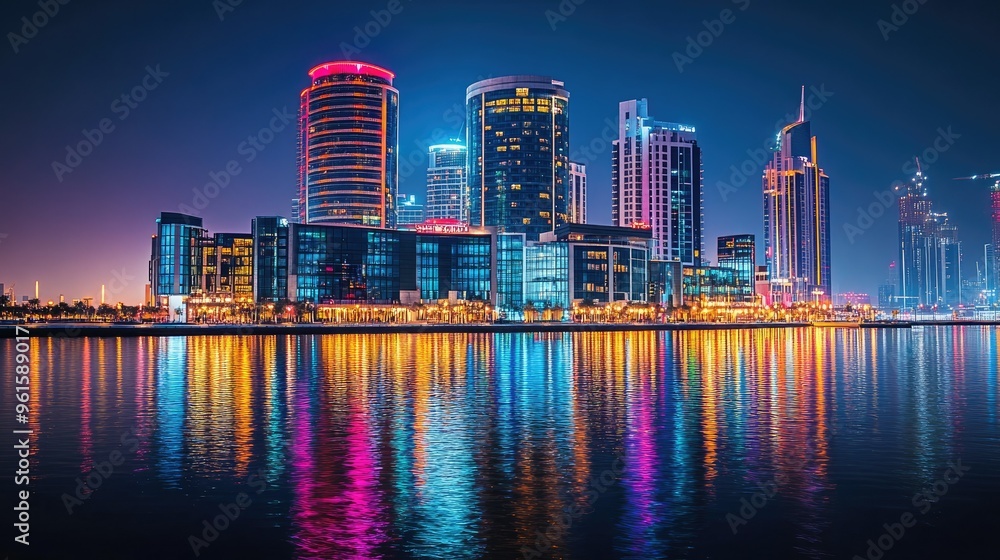 Fototapeta premium Duba Festival City illuminated at night, showcasing the Hotel Crowne Plaza and Hotel Intercontinental with their lights reflecting on water.