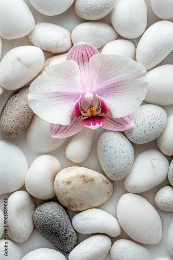 Elegant pink orchid resting on a serene bed of white and gray pebbles creating a peaceful and harmonious scene Elegant pink orchid resting on a serene bed of white and gray pebbles creating a peaceful and harmonious scene