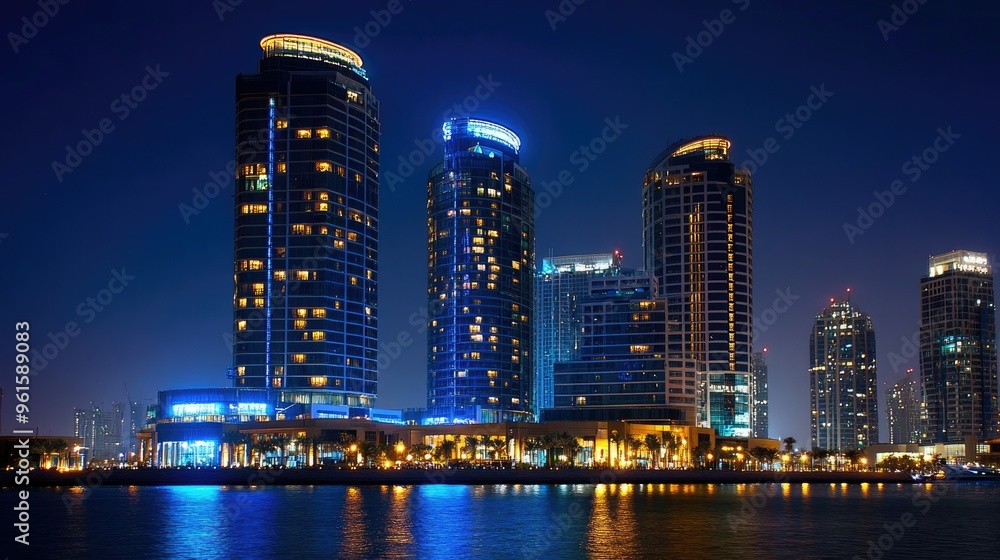 Fototapeta premium Dubai Festival City skyline at night, showcasing the illuminated Hotel Crowne Plaza and Hotel Intercontinental against the dark sky.