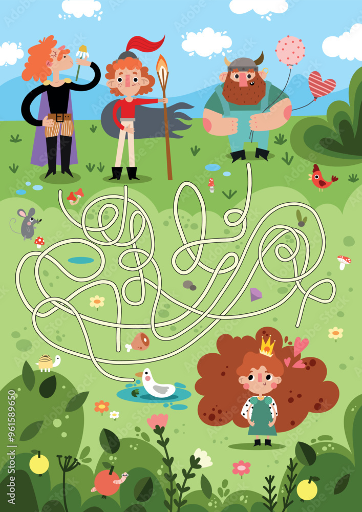 Obraz premium Cute viking king princess princess maze labyrinth childish toddler page game vector activity exercise book.