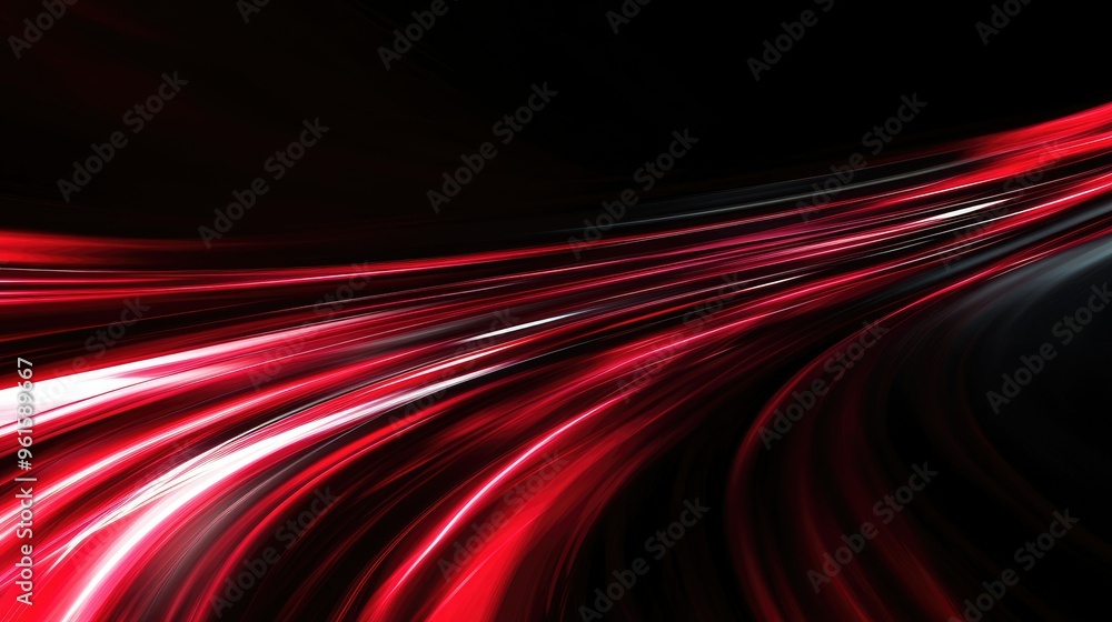 Dynamic red light streaks and curves in motion, set against a black backdrop for an abstract vector design emphasizing speed.