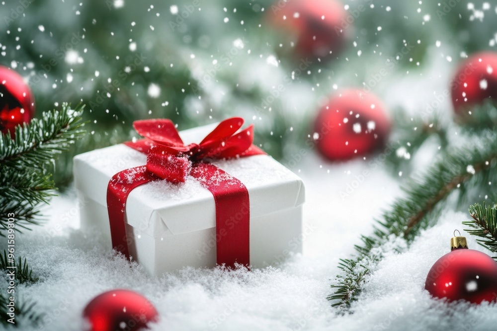 A simple and elegant Christmas scene featuring a white gift box tied A simple and elegant Christmas scene featuring a white gift box tied