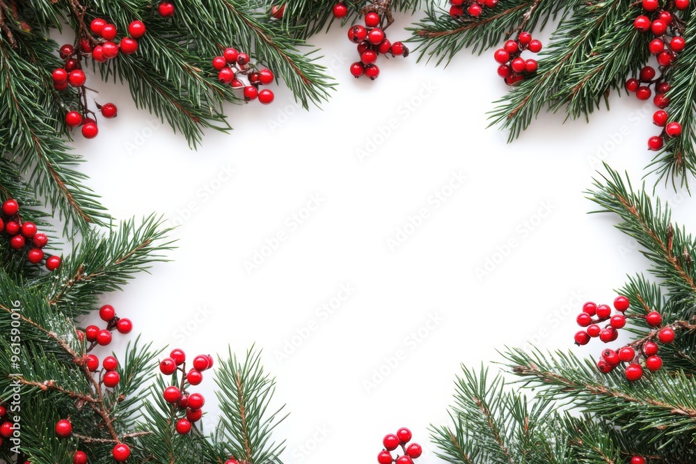 A simple and elegant frame made of green pine branches adorned with red berries. A simple and elegant frame made of green pine branches adorned with red berries.