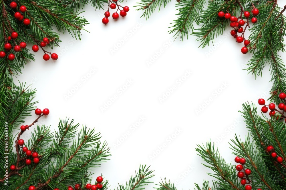 A simple and elegant frame made of green pine branches adorned with red berries. A simple and elegant frame made of green pine branches adorned with red berries.