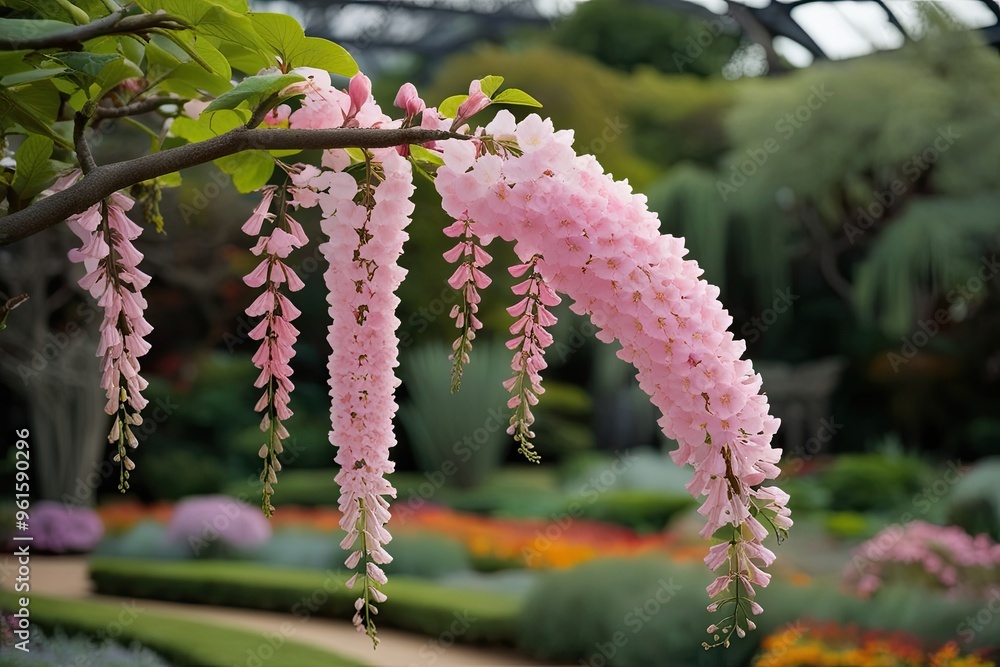 Cascading Soft Pink Flowers on Branches in a Beautiful Botanical Garden Cascading Soft Pink Flowers on Branches in a Beautiful Botanical Garden