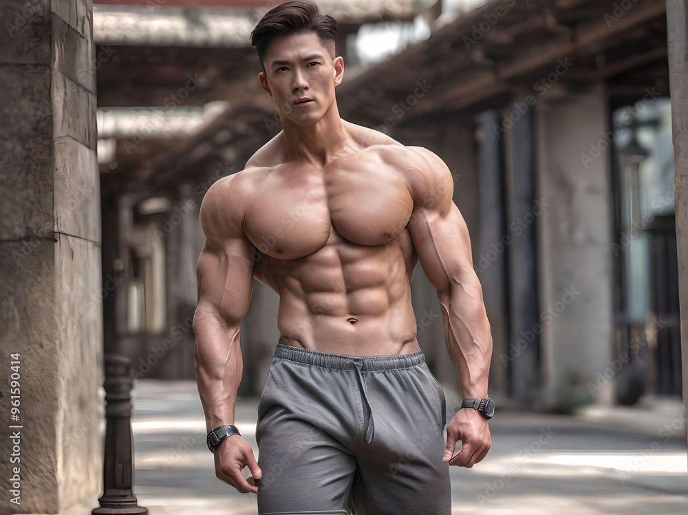 Obraz premium Portrait of Asian Male Bodybuilder Shirtless Showing Muscles Wearing Shorts in The Abandoned Building Portrait