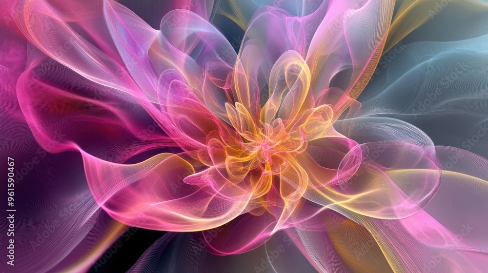 Elegant 3D render of a surreal alien flower with wavy curves and transparent materials in pink, purple, and yellow.