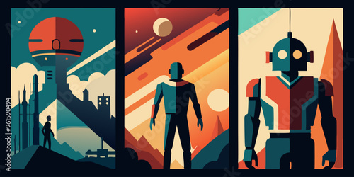 Three posters featuring a man, a robot, and an alien