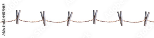 Wooden clothes pins on a rope. Seamless border pattern. Clothesline with pin and peg. Watercolor hand drawn illustration Horizontal banner for design with free space for text on isolated background