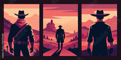 Three cowboys in the foreground of a scenic landscape under a vast sky