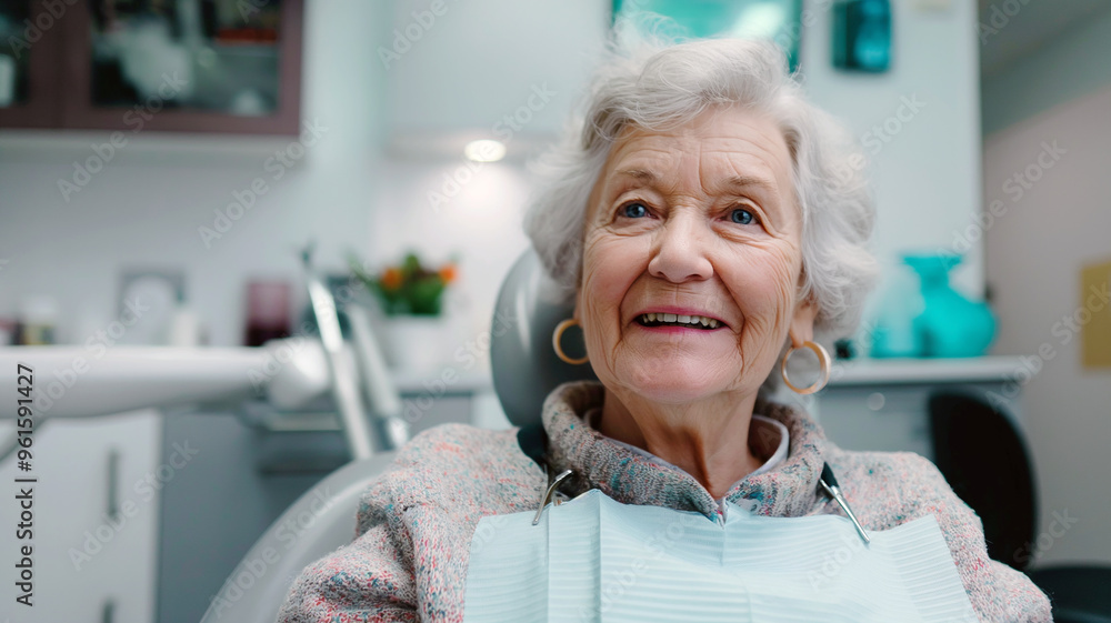 A satisfied elderly woman in the dentist's office. Diversity, equality, wellness, active aging, retirement. Bokeh in the background. A satisfied elderly woman in the dentist's office. Diversity, equality, wellness, active aging, retirement. Bokeh in the background.