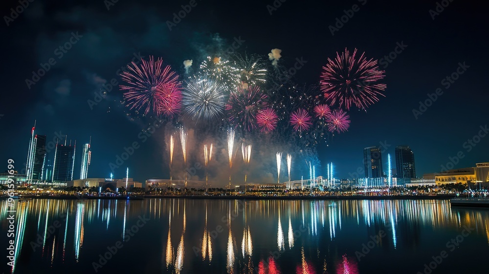 Fototapeta premium Fireworks light up the sky over Festival City, Dubai, on National Day, with reflections on the water enhancing the festive mood