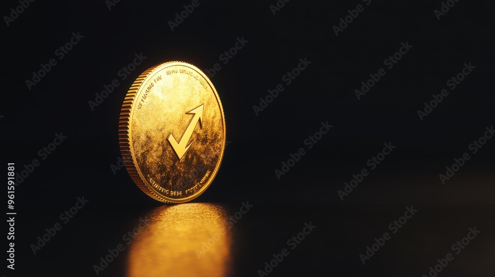 Golden Cryptocurrency Coin with Upward Arrow Symbol on a Black Background Golden Cryptocurrency Coin with Upward Arrow Symbol on a Black Background